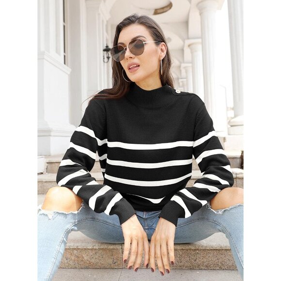 Women Knit Sweater Long Sleeve Turtleneck Color Block Striped Casual Top - Picture 4 of 5
